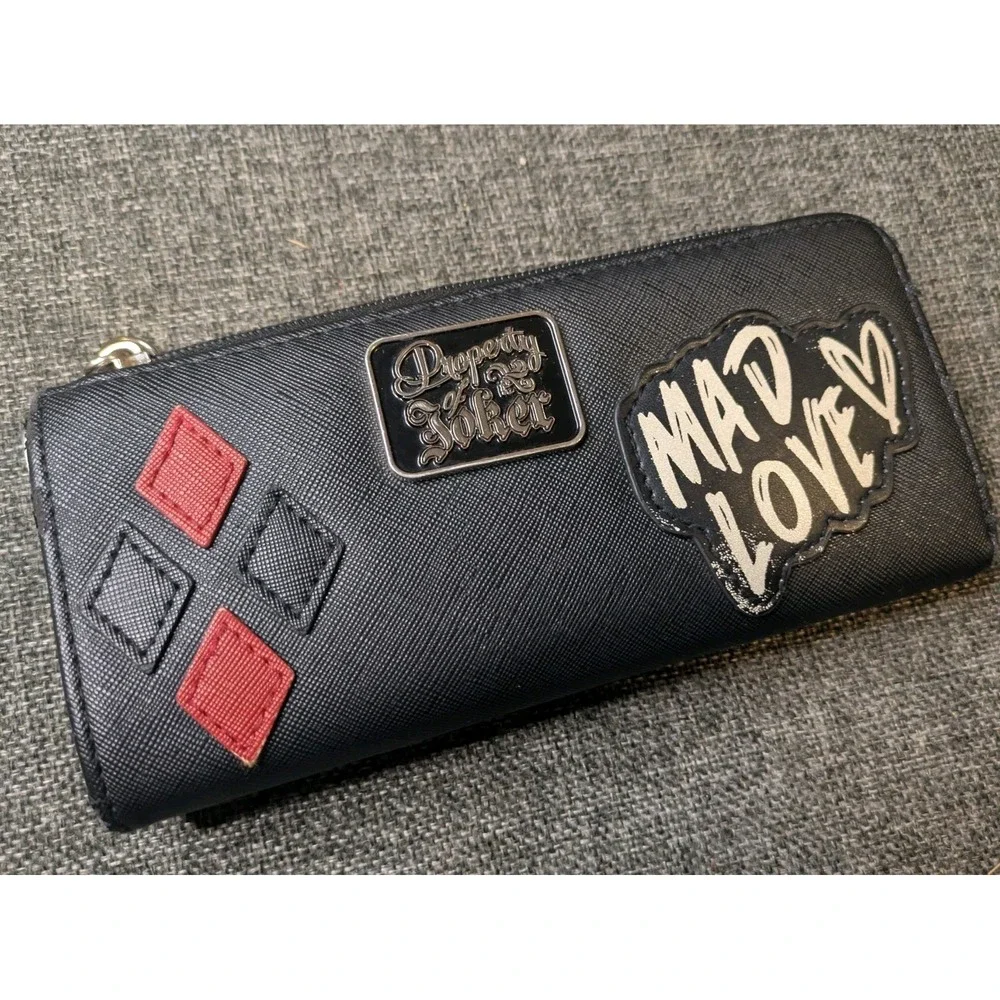 Harley Quinn Zip-Around Wallet Red Black Diamond Pattern Mad Love Joker Leather
